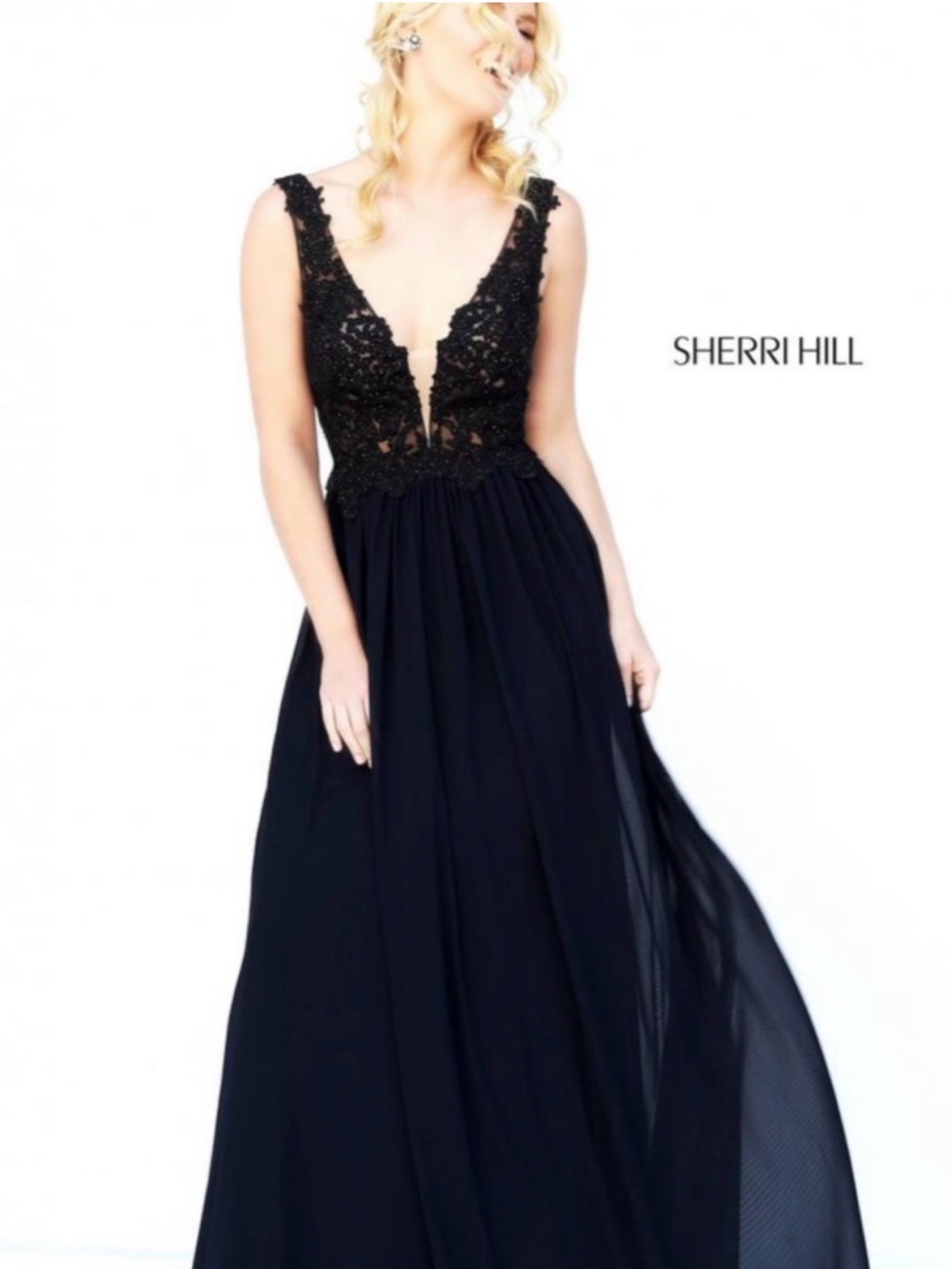 Sherri Hill Black Lace Plunging V Maxi Gown